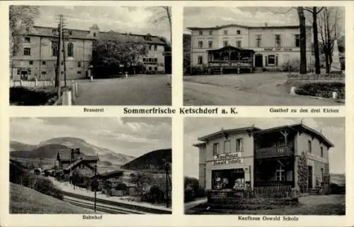 Ak Kaczorów Ketschdorf an der Katzbach Schlesien, Brauerei, Gasthof zu den drei Eichen, Bahnhof
