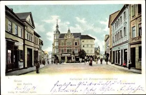 Ak Apolda, Karlsplatz mit Zimmermannsdenkmal, Friseur