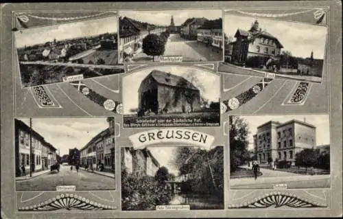 Ak Greußen in Thüringen, Steinweg, Marktplatz, Post, Schule, Sächsischer Hof