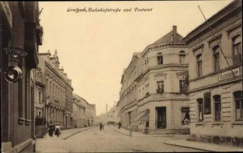 Ak Groitzsch in Sachsen, Bahnhofstraße, Postamt, Friseur, Bäckerei