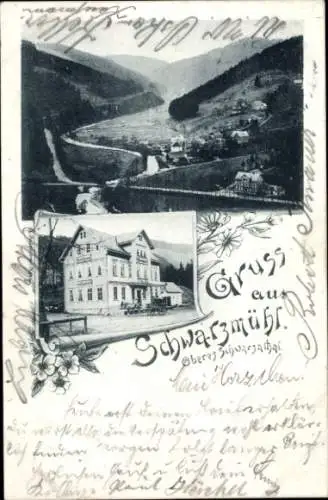 Ak Meuselbach Schwarzmühle Schwarzatal in Thüringen, Gesamtansicht, Hotel