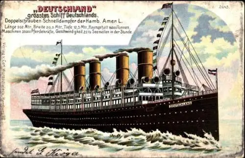 Litho Doppelschrauben Schnelldampfer Deutschland, HAPAG