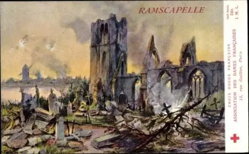 Künstler Ak Fraipont, G., Ramscapelle Westflandern Belgien, Zerstörte Kirche