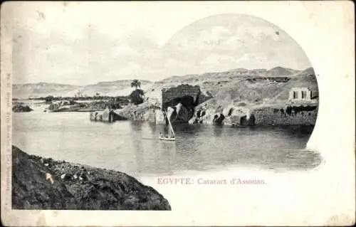 Ak Assouan Assuan Ägypten, Segelboot in Fahrt, Ruine