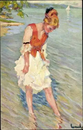Künstler Ak Cucuel, E., Strandkrabbe, Frau im Wasser