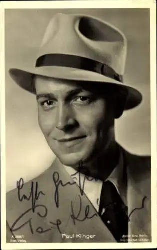 Ak Schauspieler Paul Klinger, Portrait mit Hut, Ross Verlag A 2956 1, Autogramm