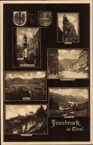 Ak Innsbruck in Tirol, Herzog Friedrichstraße, Panorama, Schloss, Bergbahn, Felsen, Wappen