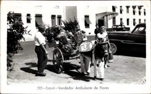 Ak Estoril Cascaes Cascais Portugal, Vendedor Ambulante de Flores, Blumenhändler mit Eselskarren