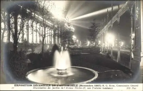 Ak Automobil-Ausstellung Paris 1907, Avenue Nicolas II, Garten, Beleuchtung, Leuchtfontäne