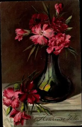 Präge Ak Glückwunsch, Rote Blumen in der Vase