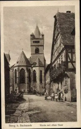 Ak Steeg Bacharach am Rhein, Kirche, altes Haus, Kinder