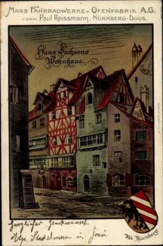 Wappen Künstler Ak Nürnberg, Hans Sachsens Wohnhaus, Reklame Mars Fahrradwerke u. Ofenfabrik