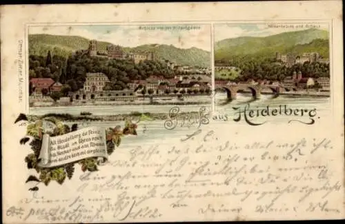 Vorläufer Litho Heidelberg am Neckar, Schloss von der Hirschgasse, Neckarbrücke, Gedicht