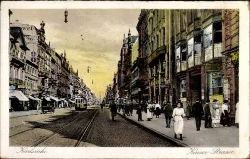 Ak Karlsruhe in Baden, Kaiserstraße, Straßenbahn, Geschäfte, Passanten