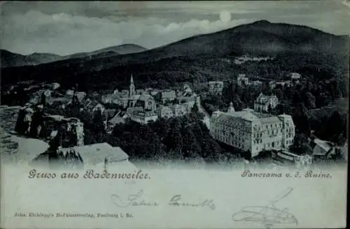 Mondschein Ak Badenweiler Hochschwarzwald, Panorama vom Ort und Ruine