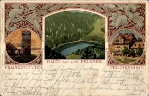 Jugendstil Litho Feldberg im Schwarzwald, Feldbergturm, Feldsee, Eichhörnchen