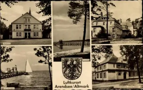 Wappen Ak Arendsee Altmark, Rathaus, Anlegestelle, Segelboot, Erholungsheim Waldheim, Jugendherberge