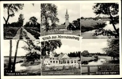 Ak Hermannsburg Südheide Niedersachsen, Kreuzkirche, Hotel Waldschwimmbad, Oertze