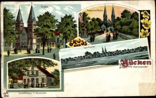 Litho Bücken in Niedersachsen, Kirche, Geschäftshaus, Totalansicht