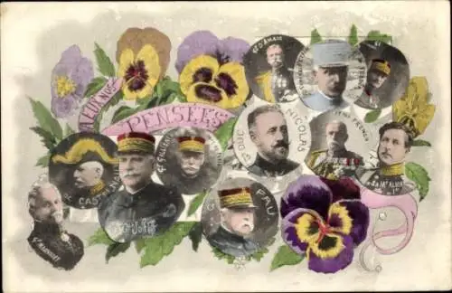 Ak Französische Heerführer, Pau, Joffre, Gallieni, Castelnau, König Albert I von Belgien