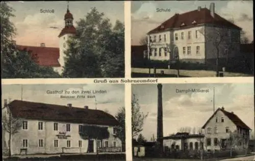 Ak Sohr-Neundorf Schlesien, Schloss, Schule, Gasthof zu den zwei Linden, Molkerei