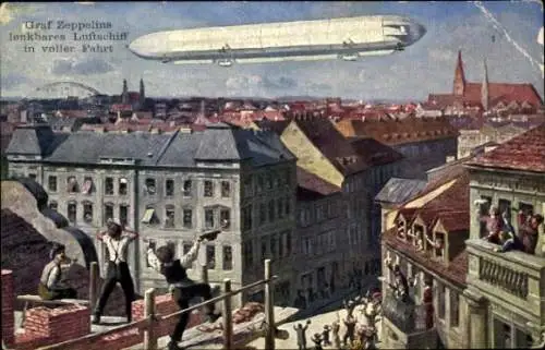 Ak Graf Zeppelins lenkbares Luftschiff in voller Fahrt, Maurer, Jubelnde Zuschauer