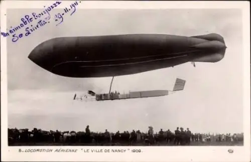 Ak Aerial Locomotion, Zeppelin, Die Stadt Nancy