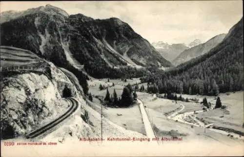 Ak Albula Alvra Graubünden, Albulabahn, Kehrtunnel-Eingang mit Albulatal