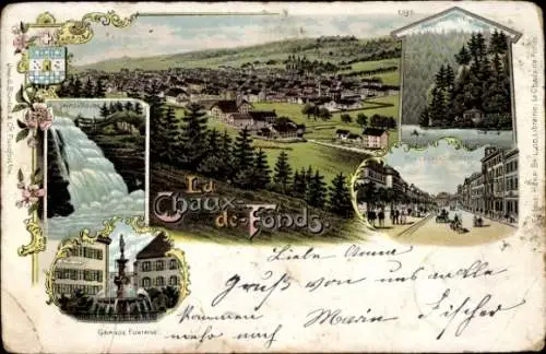 Litho La Chaux de Fonds Kanton Neuenburg, Panorama, Grande Fontaine, Saut du Doubs, Rue