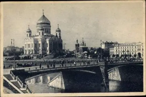 Ak Moskau Russland, Steinerne Brücke, Kirche