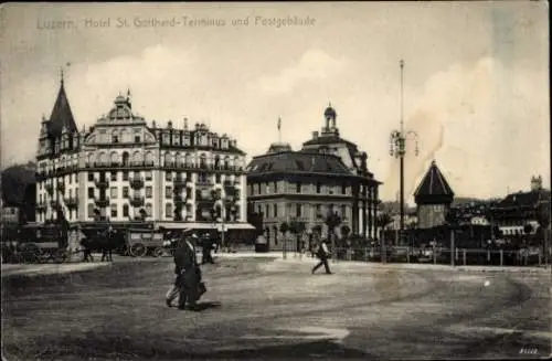 Ak Luzern Stadt Schweiz, Hotel St. Gotthard-Terminus und Postgebäude