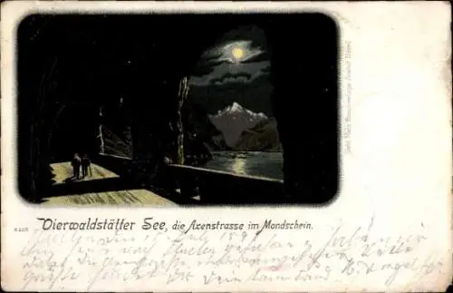 Litho Vierwaldstättersee Kanton Uri, Axenstraße im Mondschein