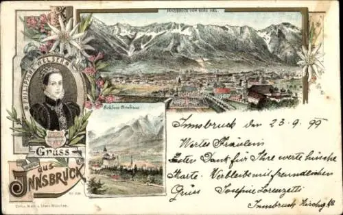 Litho Innsbruck in Tirol, Panorama, Schloss Ambras, Philippine Welser