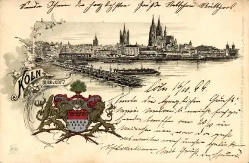 Wappen Litho Köln am Rhein, Deutz, Kölner Dom, Schiffsbrücke