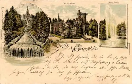 Litho Bad Wilhelmshöhe Kassel in Hessen, Löwenburg, Große Fontäne, Herkules, Kaskaden