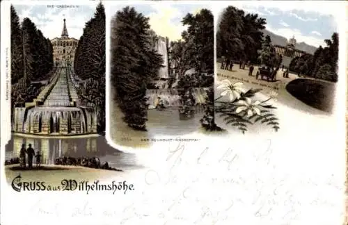 Litho Bad Wilhelmshöhe Kassel in Hessen, Kaskaden, Die Aquaduct-Wasserfall