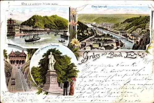 Litho Bad Ems an der Lahn, Panorama, Kaiser-Wilhelm I-Denkmal, Malbergbahn, Standseilbahn