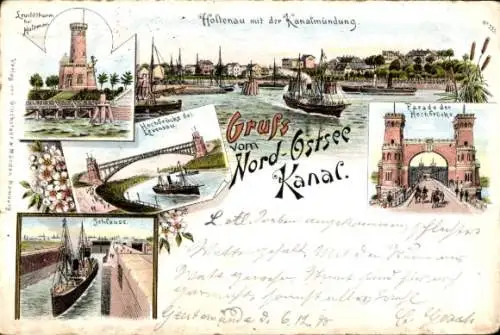 Litho Holtenau Kiel in Schleswig Holstein, Nord-Ostsee-Kanal, Hochbrücke, Leuchtturm, Schleuse