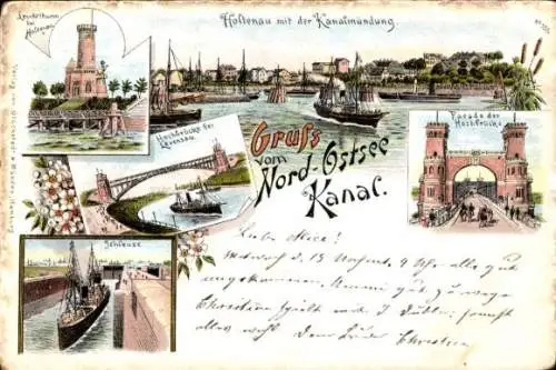 Litho Holtenau Kiel in Schleswig Holstein, Nord-Ostsee-Kanal, Hochbrücke, Leuchtturm, Schleuse