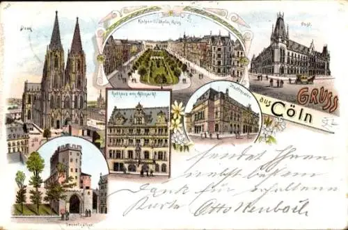 Litho Köln am Rhein, Dom, Kaiser-Wilhelm-Ring, Rathaus, Altmarkt, Severinstor, Post, Stadttheater