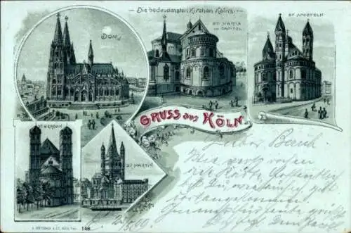 Mondschein Litho Köln am Rhein, Dom, Kirchen, Sankt Georgen, Sankt Martin, Sankt Maria
