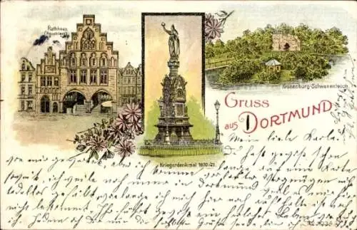 Litho Dortmund im Ruhrgebiet, Rathaus, Kriegerdenkmal 1870/1871, Kronenburg