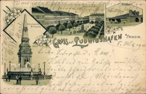 Litho Ludwigshafen am Rhein Rheinland Pfalz, Monumentalbrunnen, Marktplatz, Rheinbrücke