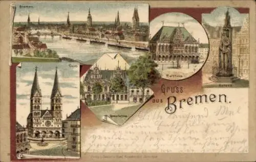 Litho Hansestadt Bremen, Gesamtansicht, Dom, Rathaus, Gewerbehaus, Roland
