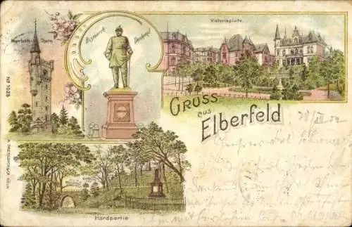 Litho Elberfeld Wuppertal, Bismarckdenkmal, Victoriaplatz, Hardpartie, Turm