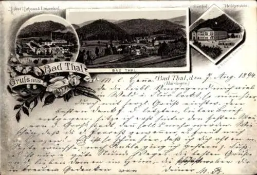 Litho Bad Thal Ruhla in Thüringen, Gasthof Heiligenstein, Panorama, Kurhaus, Luisenbad