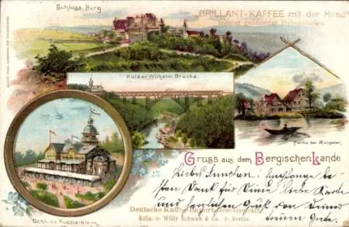 Litho Burg an der Wupper Solingen, Schloss Burg, Kaiser-Wilhelm-Brücke, Schloss Küppelstein