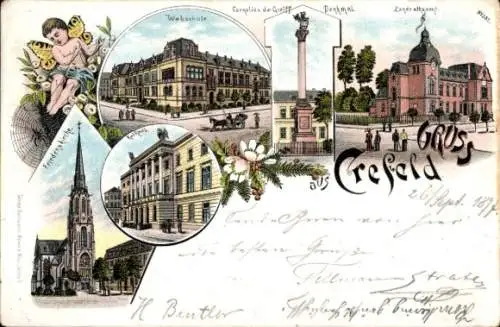 Litho Krefeld am Niederrhein, Webschule, Friedenskirche, Rathaus, Cornelius de Greiff Denkmal