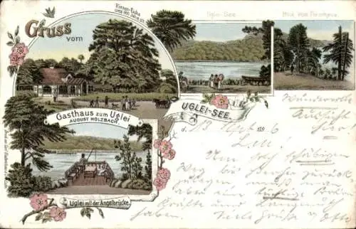 Litho Eutin in Ostholstein, Ukleisee, Uglei See, Gasthaus zum Uglei, Angelbrücke, Gedicht