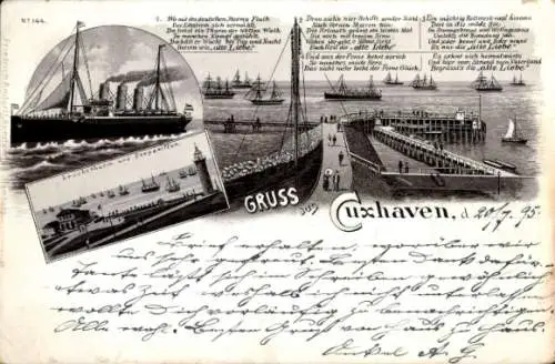 Litho Cuxhaven Nordseebad, Leuchtturm, Dampfer, Kriegerdenkmal
